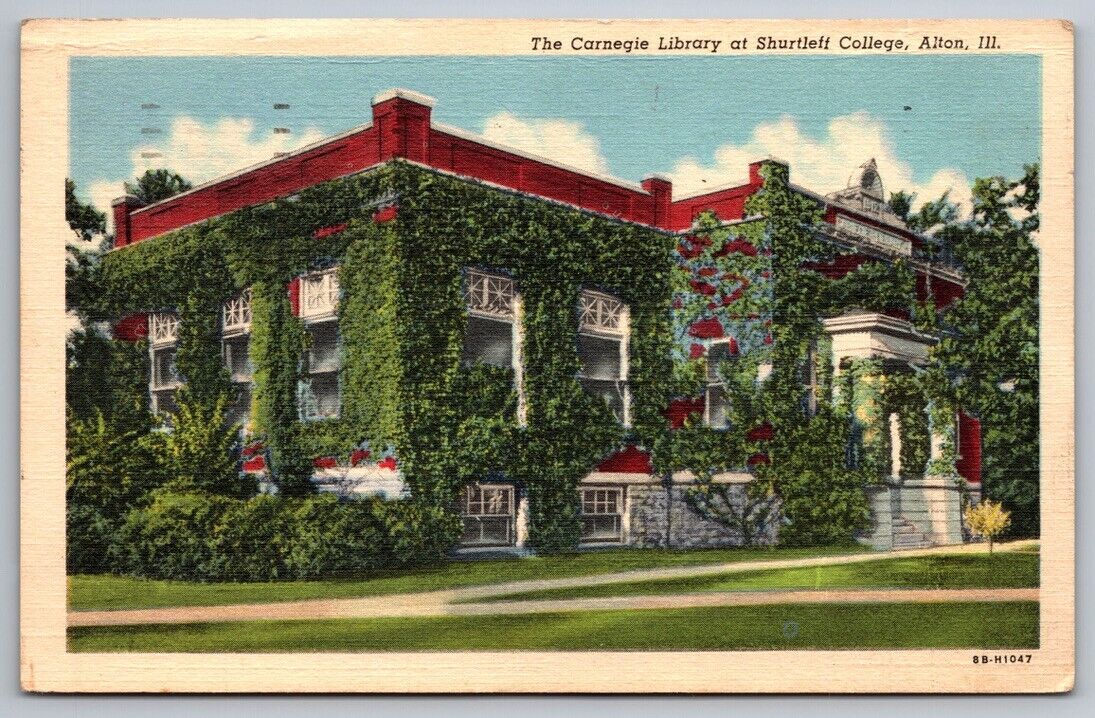Alton IL Postcard Carnegie Library at Shurtleff College Linen Posted