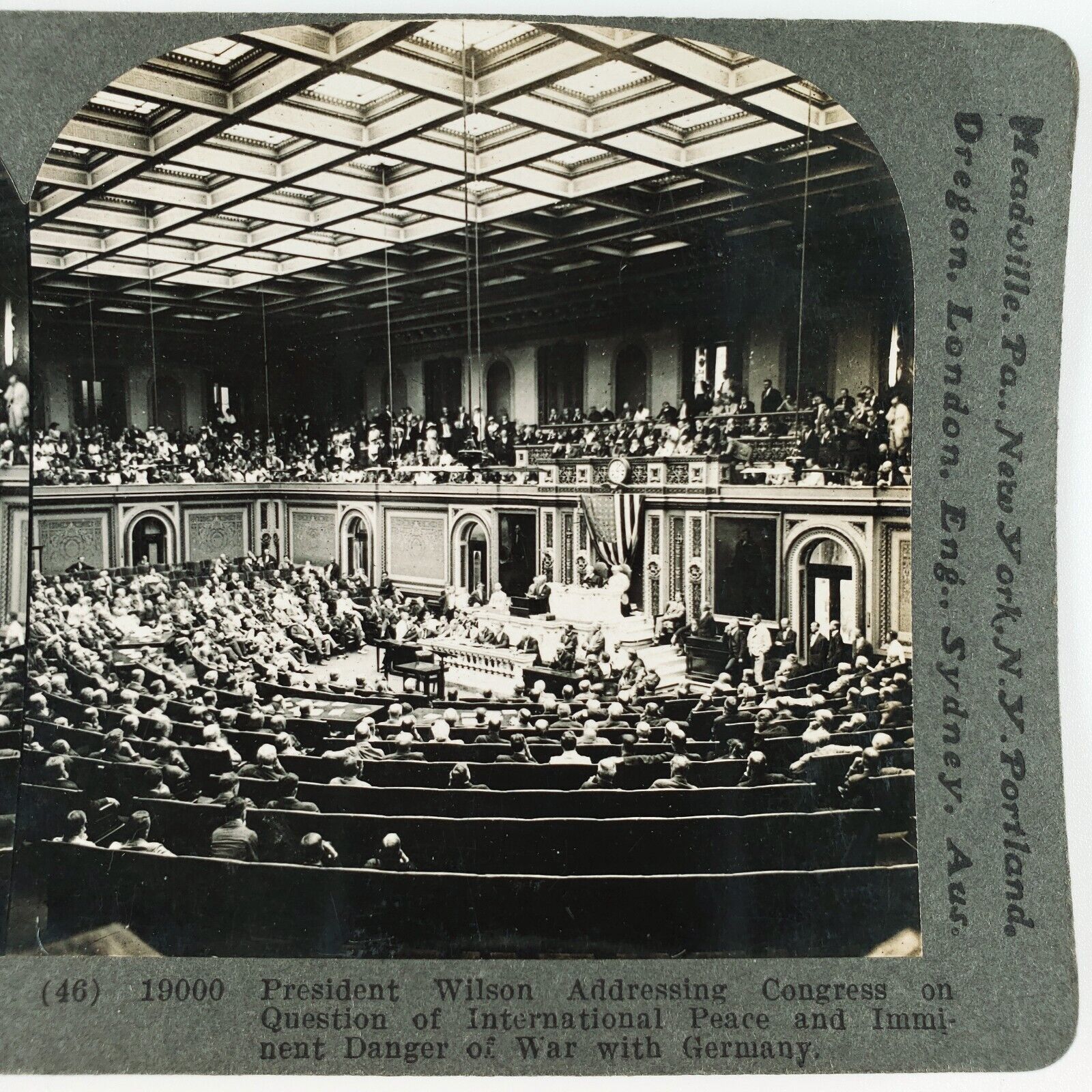 President Woodrow Wilson Stereoview 1917 WWI Peace Talk Addressing Congress E19