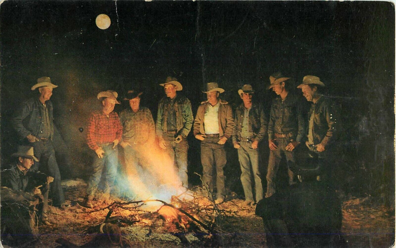 Under the Light of the Western Moon Postcard Cowboys Gather Around Campfire