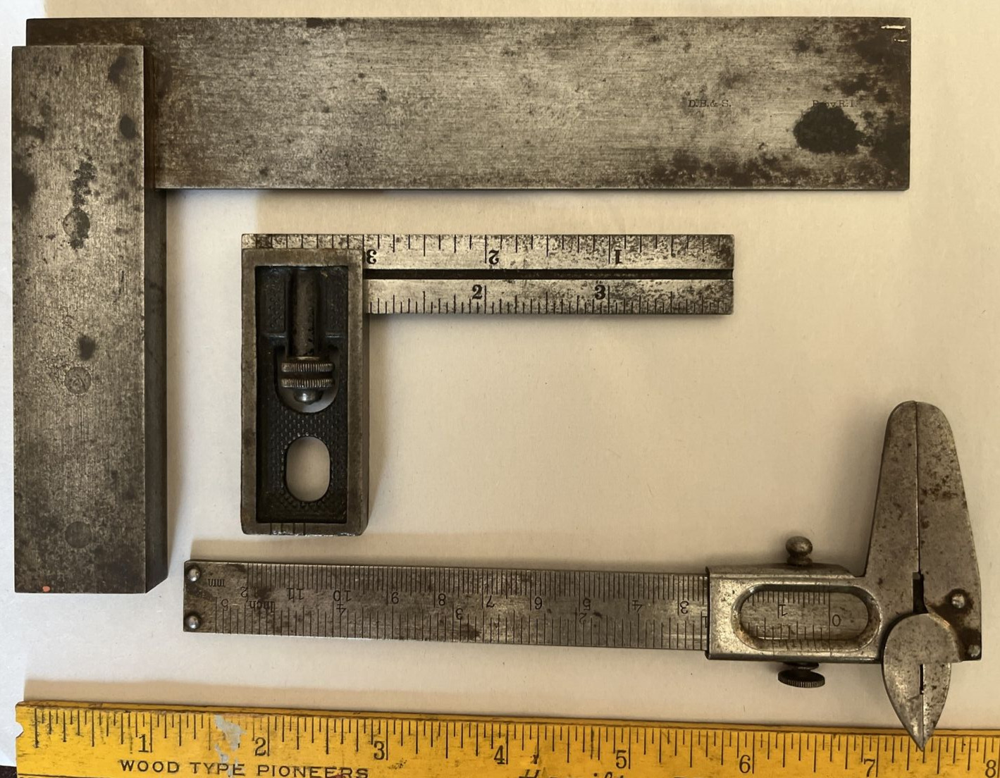 3 Antique Small (U.S.) Squares D.B. & S. & L.S.S. Co & German Caliper/Micrometer
