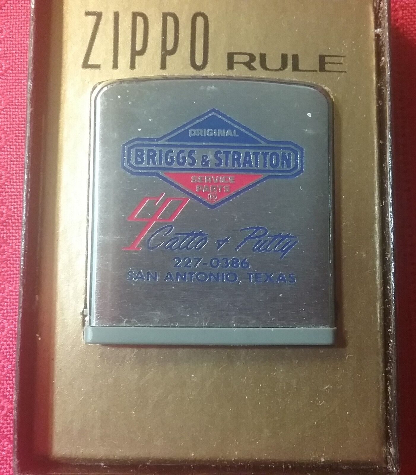 Original ca 1960s Zippo Rule in Box, Briggs & Stratton Engines Advertising Texas