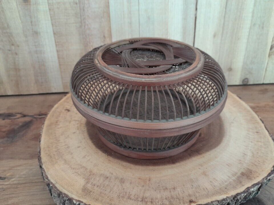 Mid Century Vintage Bamboo Ratan Lucky Cricket Cage Basket & Lid 