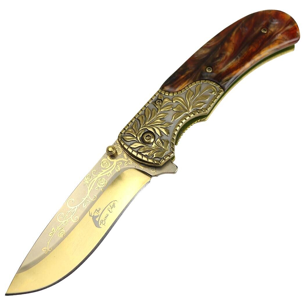 TheBoneEdge 8.5in Pearl Brown Handle Gold CoatingFolding Knife