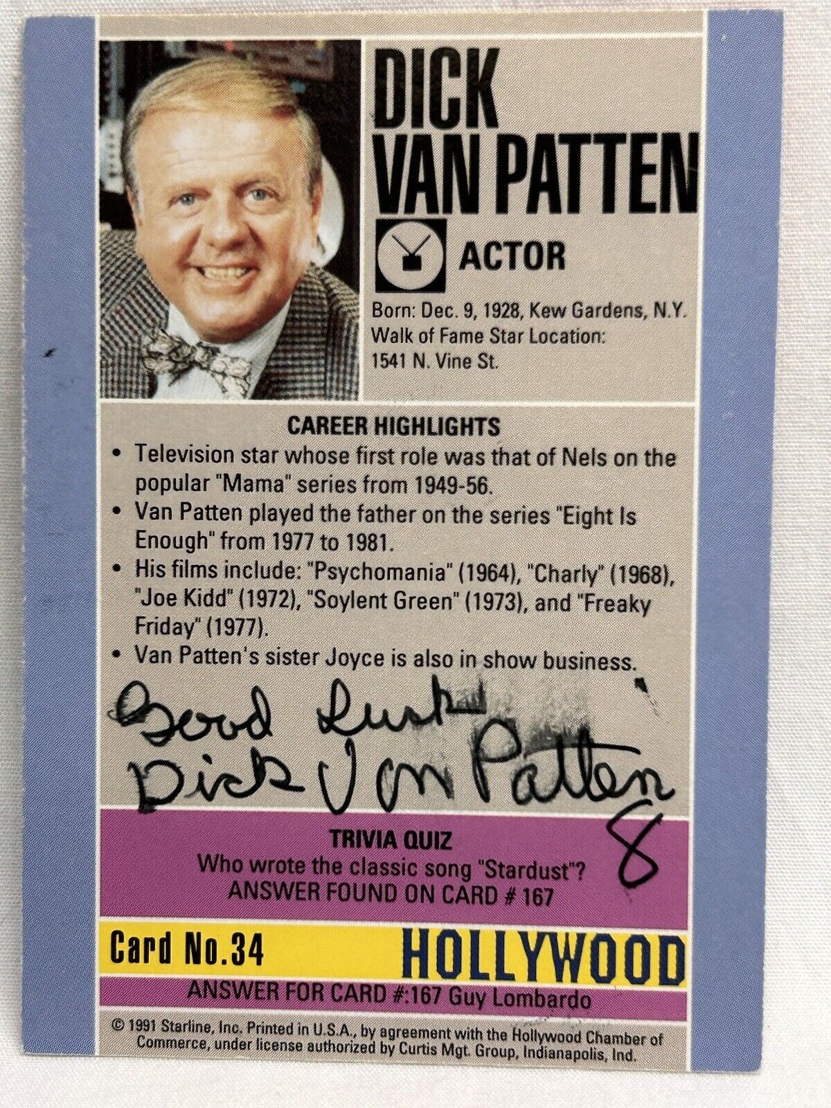 Dick Van Patten American Actor #34 Signed Hollywood Trading Card 1991