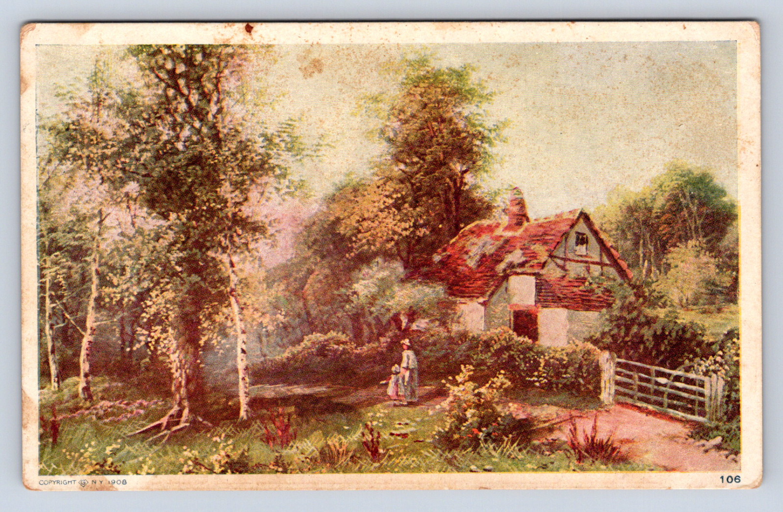 Vintage Postcard 1908 Garden Scenic View Cottage Woman Child