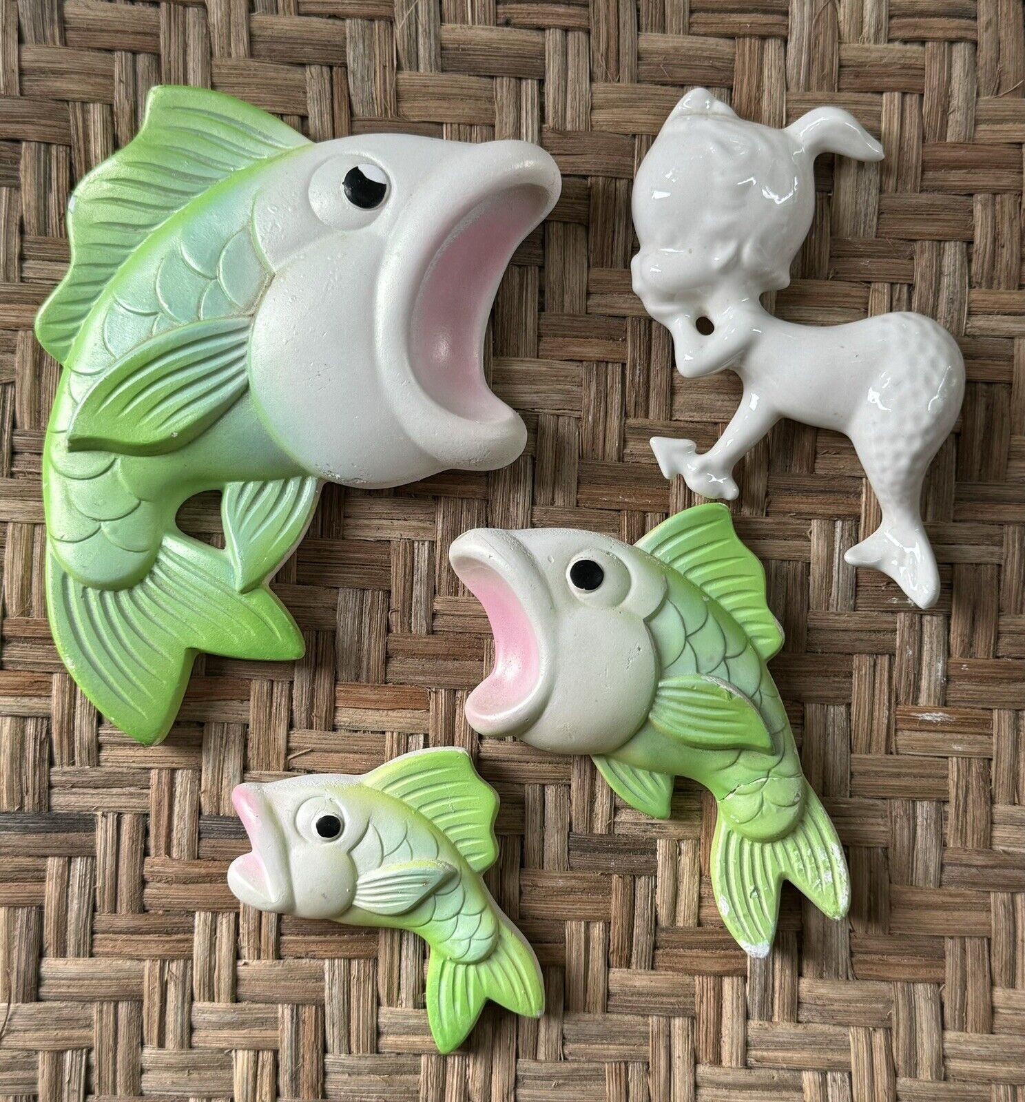 Vtg. Miller Studio Chalkware Green Bass Fish Wall Plaque w Mermaid, Set Of 4
