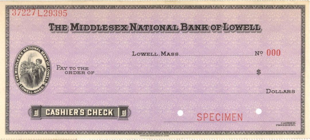 Middlesex National Bank of Lowell - American Bank Note Company Specimen Checks -