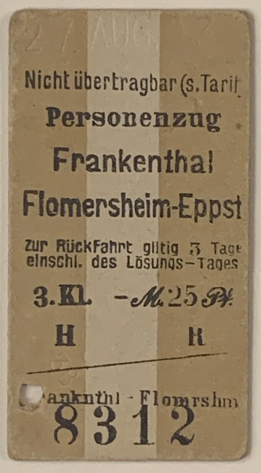 RARE 1893 GERMANY TRAIN TICKET FRANKENTHAL FLOMERSHEIM