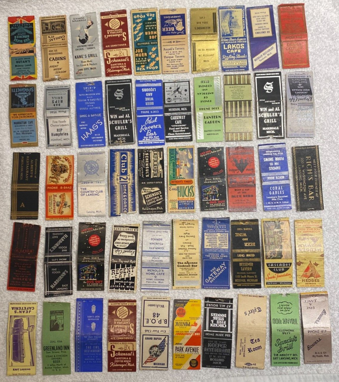 50 VINTAGE 1950's Matchbook Covers - MICHIGAN only Detroit, Lansing + VERY RARE
