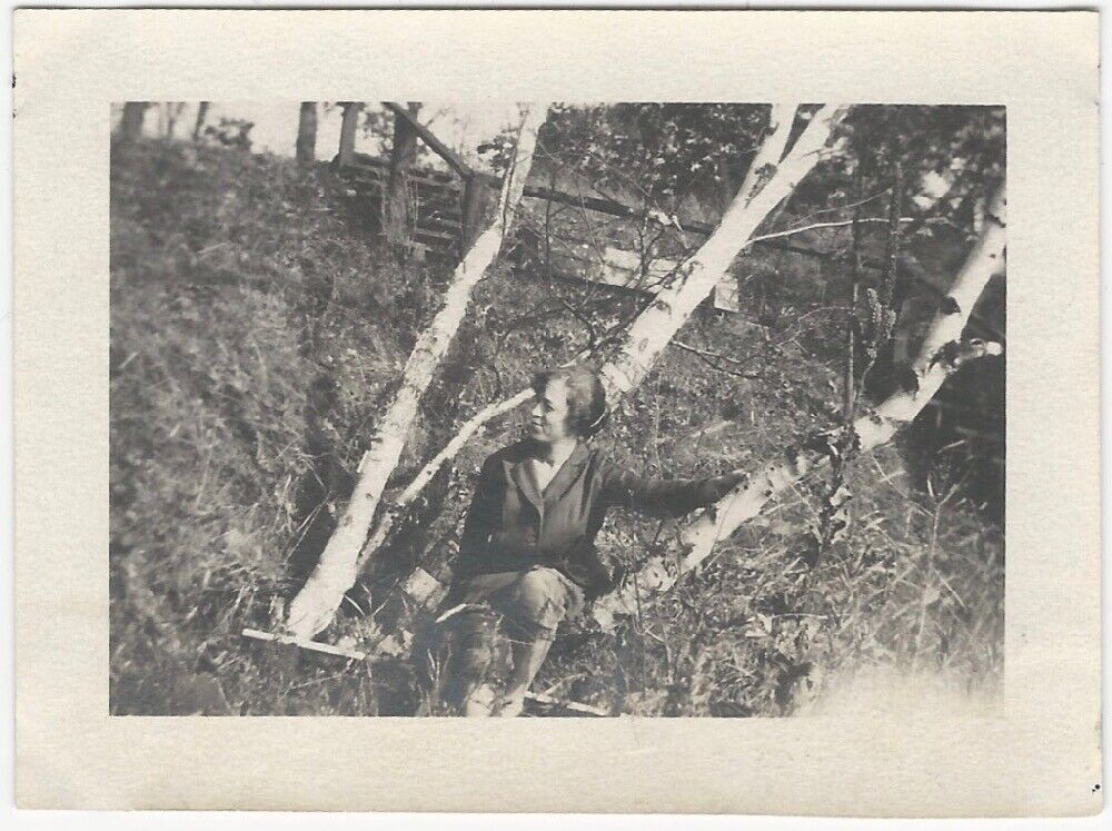 1930s Pretty Young Woman Hiker Rests in a Birch Tree Vintage Nature Snapshot