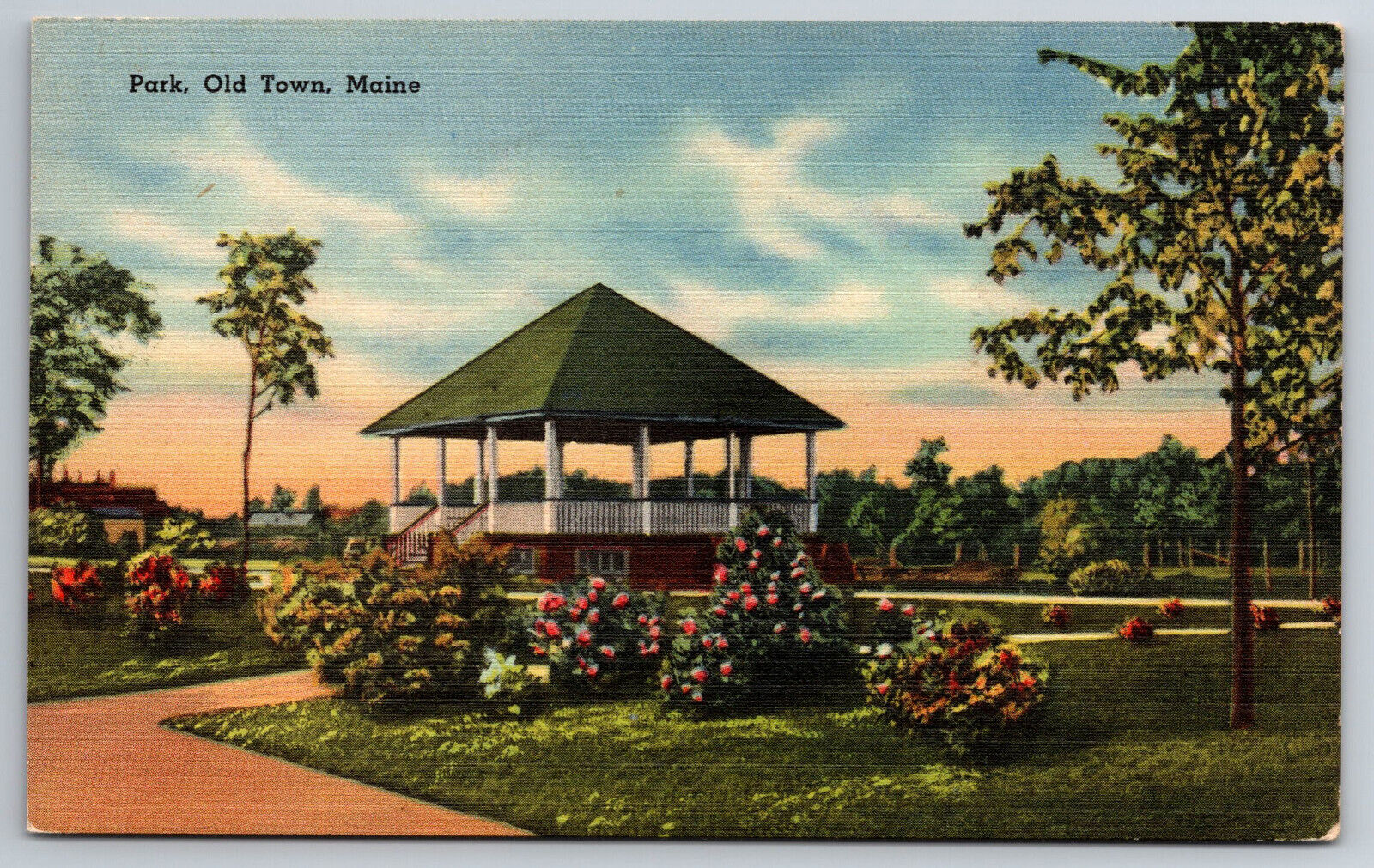 Vintage Postcard ME Old Town Park Linen Flowers ~5823
