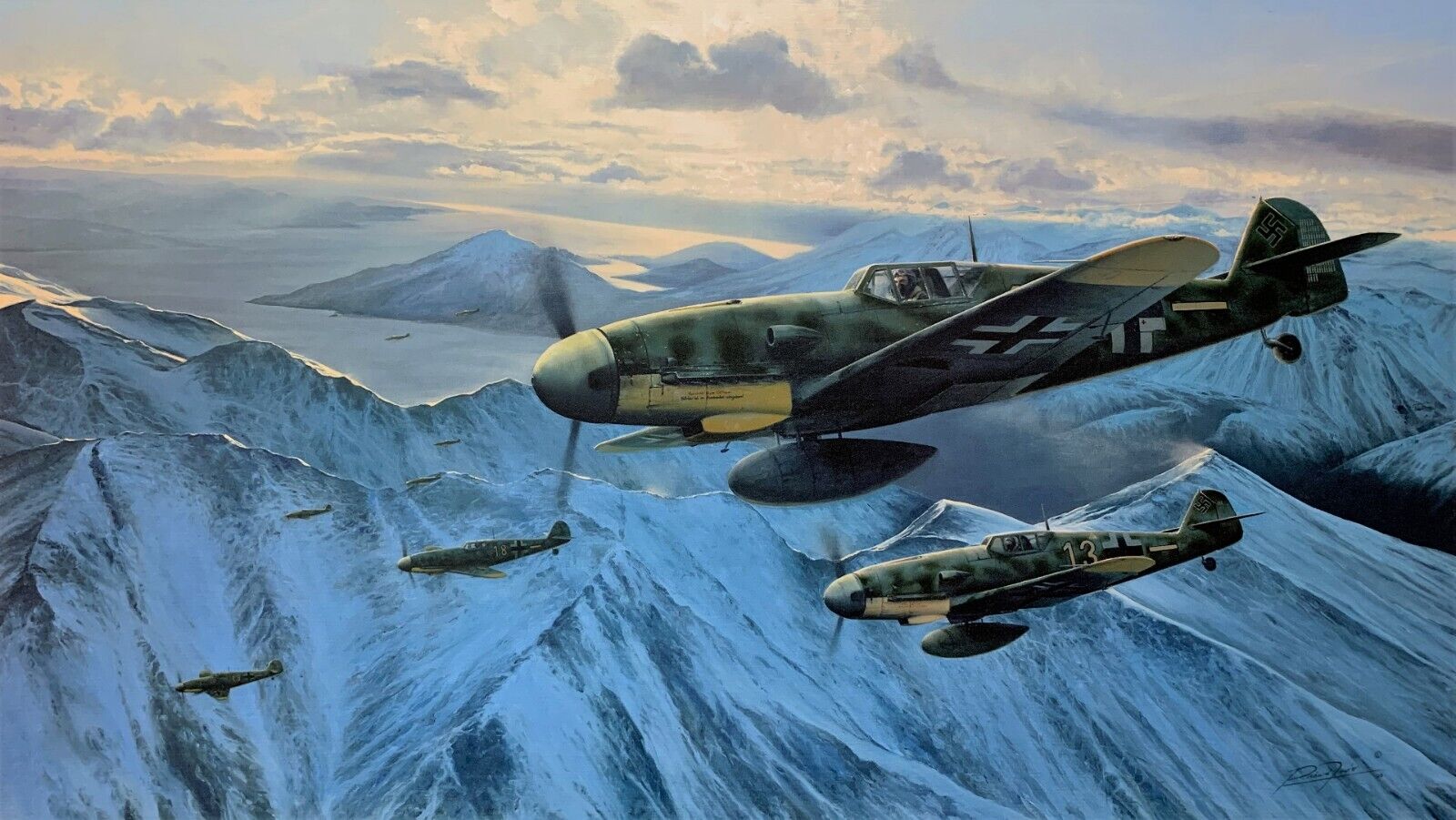 Arctic Hunters by Richard Taylor aviation art signed by Four Luftwaffe Pilots