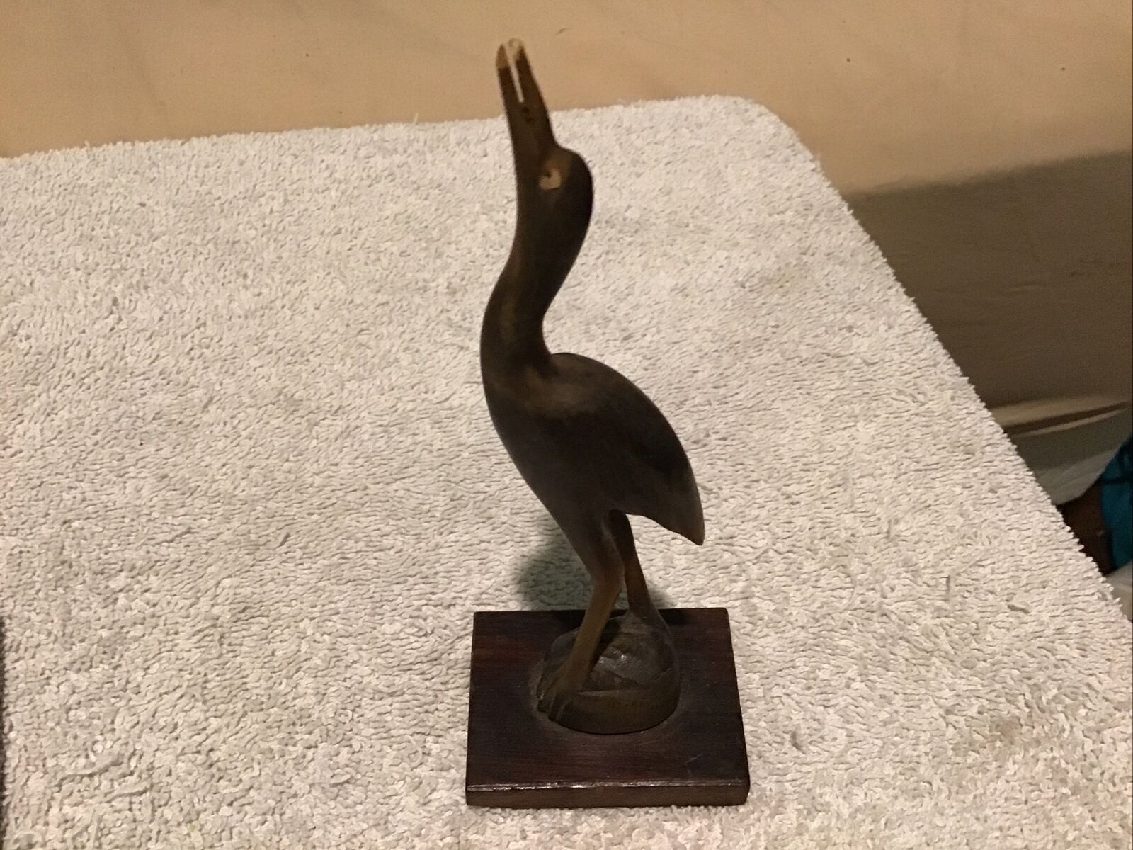 Vintage 10” Hand Carved Horn Crane Heron Stork Bird Statue Sculpture Wood Base