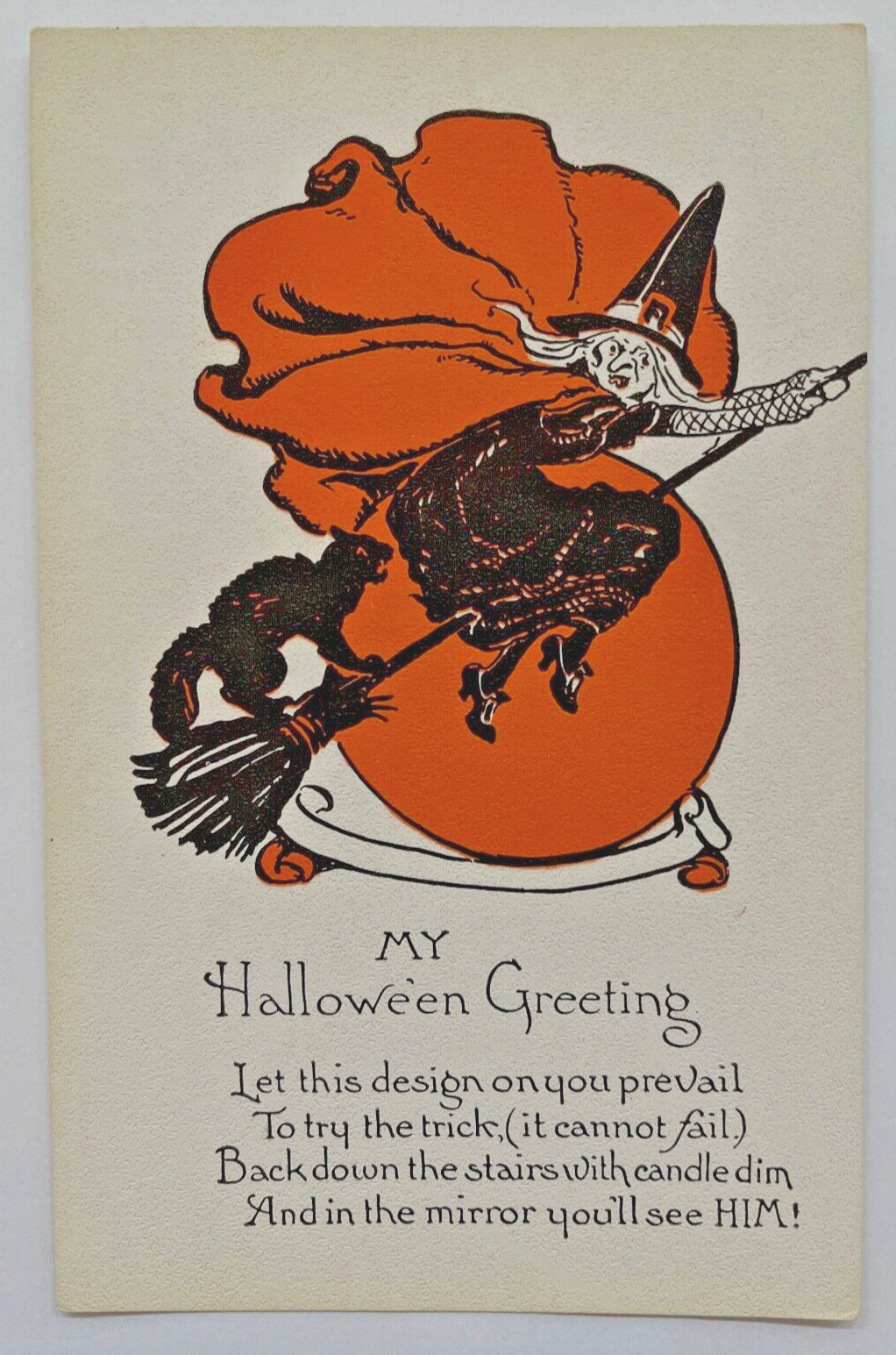 Halloween Vintage Postcard Metropolitan News Series 1133 Witch Full Moon Cat