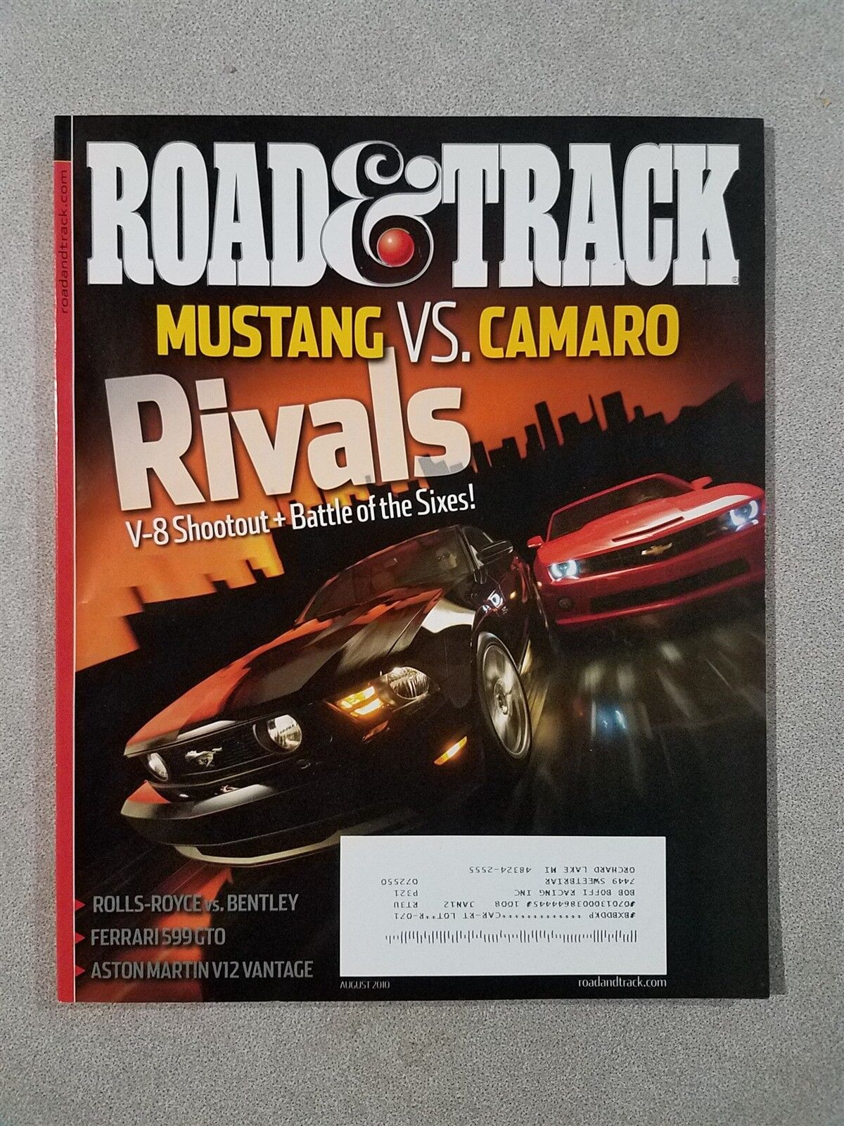 Road & Track August 2010 Camaro SS vs Mustang GT - Shelby GT500 - Ferrari 599