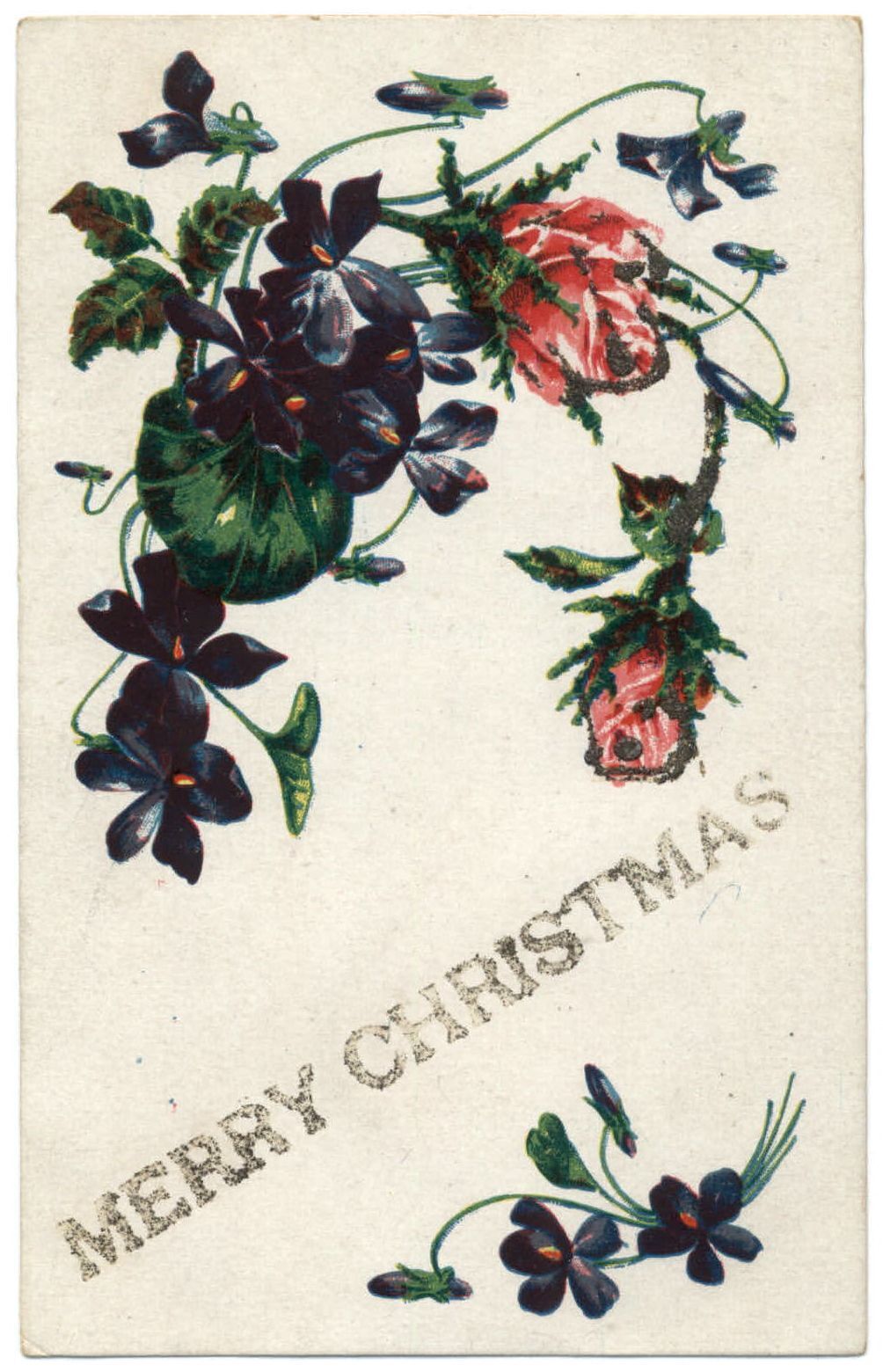 CHRISTMAS purple violets red roses ~ glitter applied ~ c1910 embossed postcard