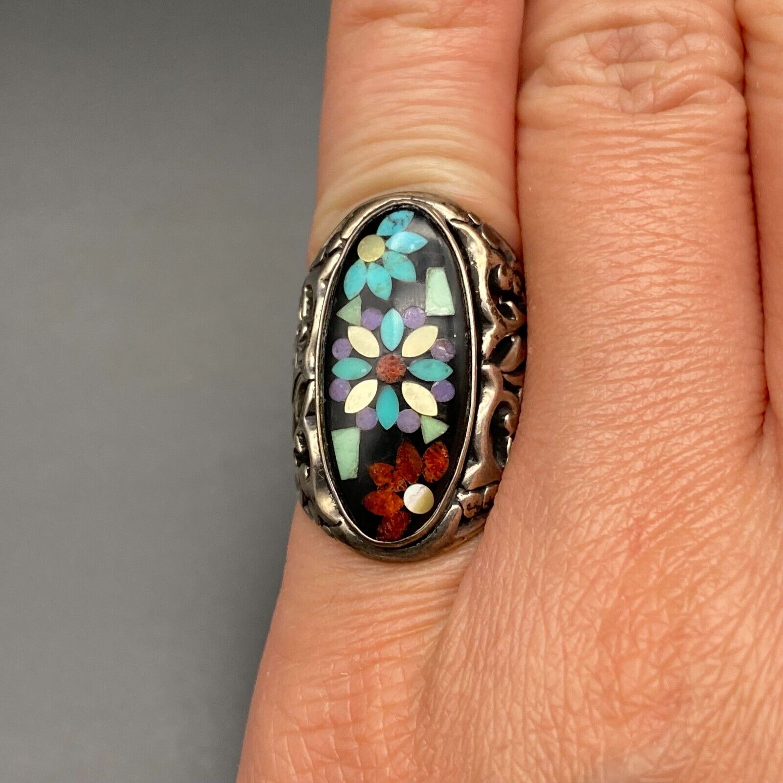 Vintage Southwestern Carolyn Pollack Anglo Flower Sterling Silver Ring Size 4.25