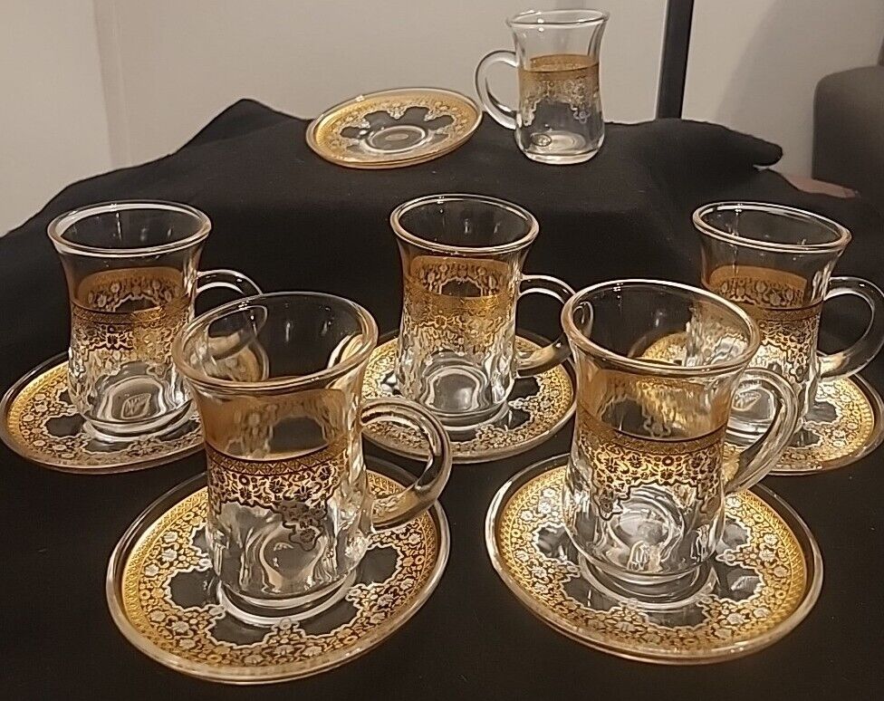 Alpine Cuisine Glass Espresso Turkish Tea Cup and Saucer Set Of 6 Gold & Silver
