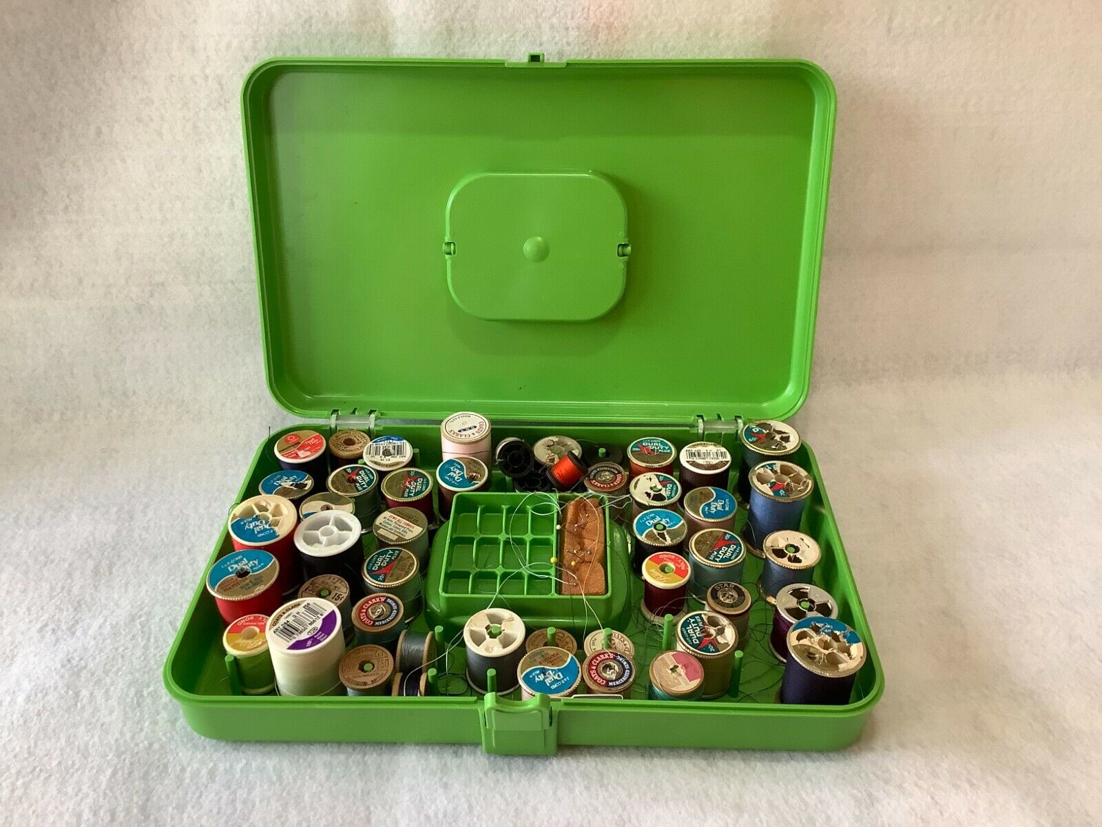 Vintage Plastic Green Sewing Box Complete with Contents, Vintage Thread Retro