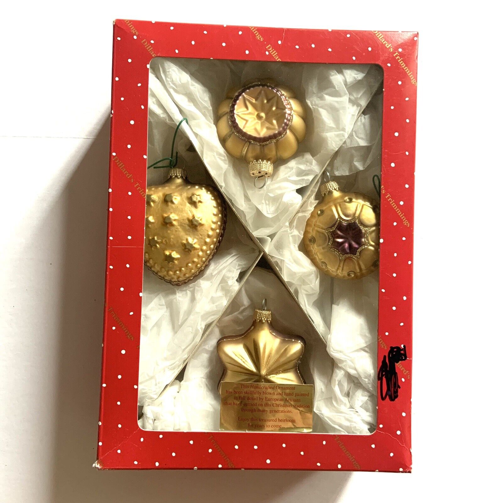 Dillards Trimmings Christmas Ornament Set 4 Gold Purple Blown Glass Star Heart
