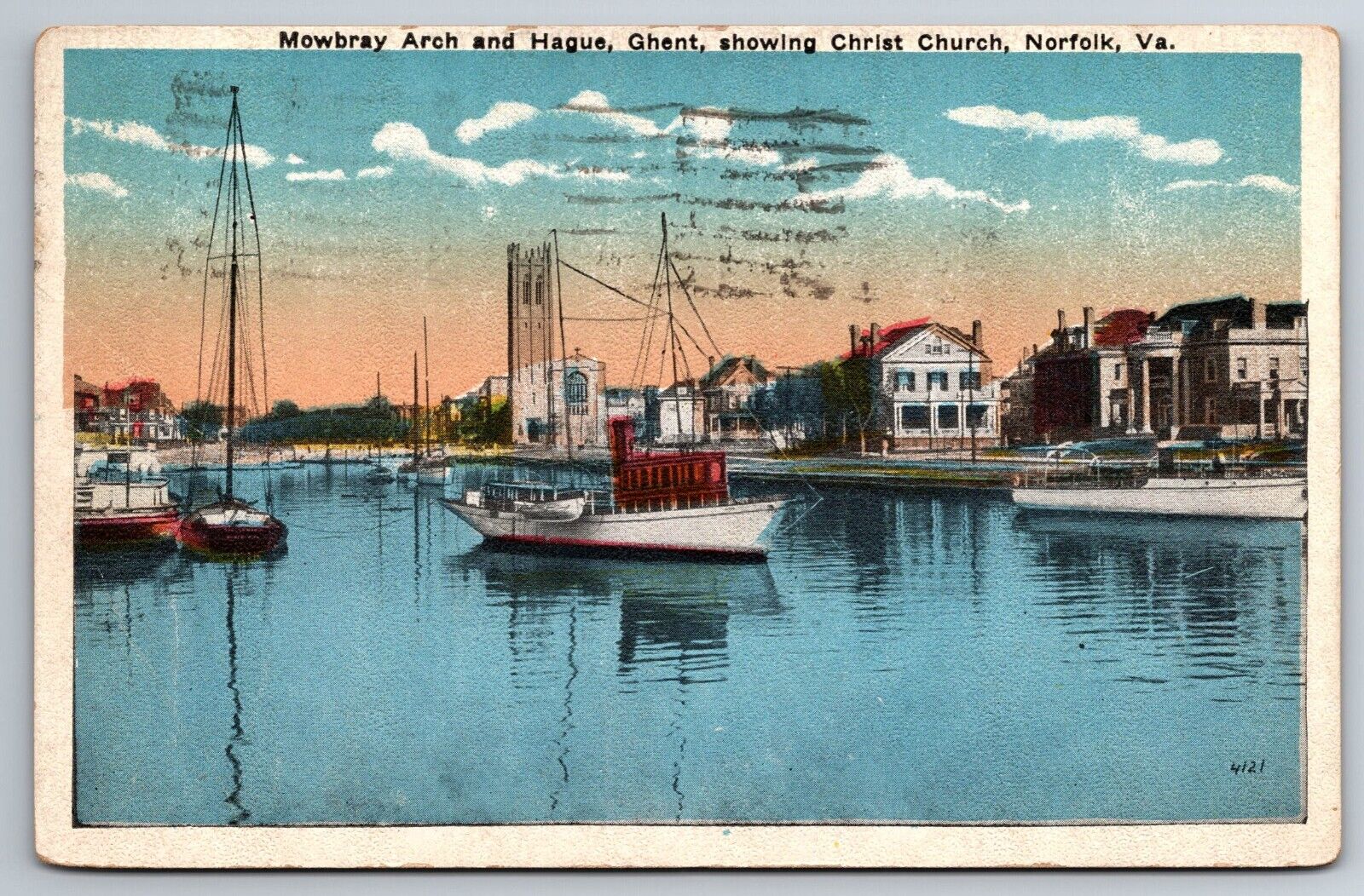 Vintage Postcard VA Norfolk Mowbray Arch Hague Ghent Boats Christ Church ~11692