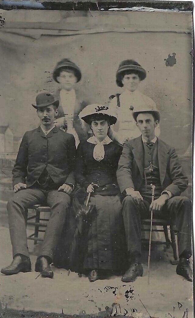 Antique Tintype Photograph Group Of Stylish Young People