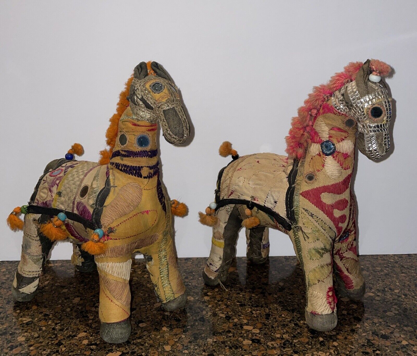 Rare Vintage Set Of 2 Folk Art Rajasthani Embroidered Fabric Horses