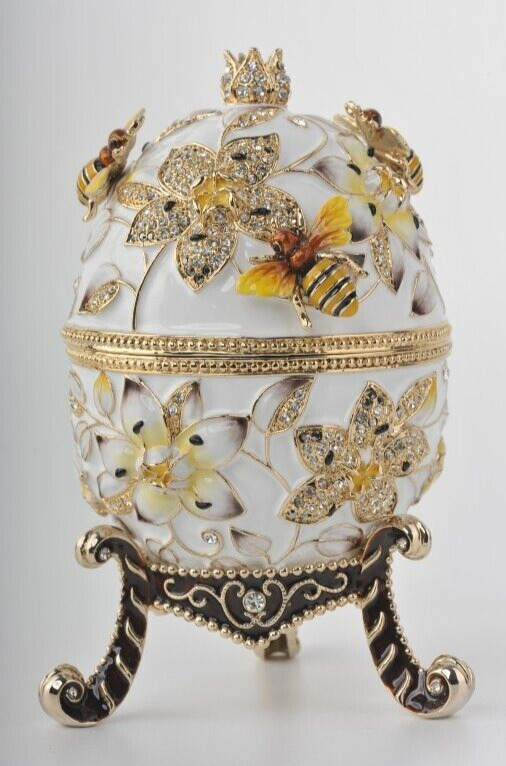 Keren Kopal Large White Egg with Bees  Trinket Decorated with Austrian Crystals