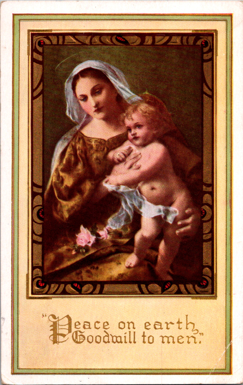 Vintage C 1915 Peace On Earth Marry & Baby Jesus Postcard Lowell Massachusetts