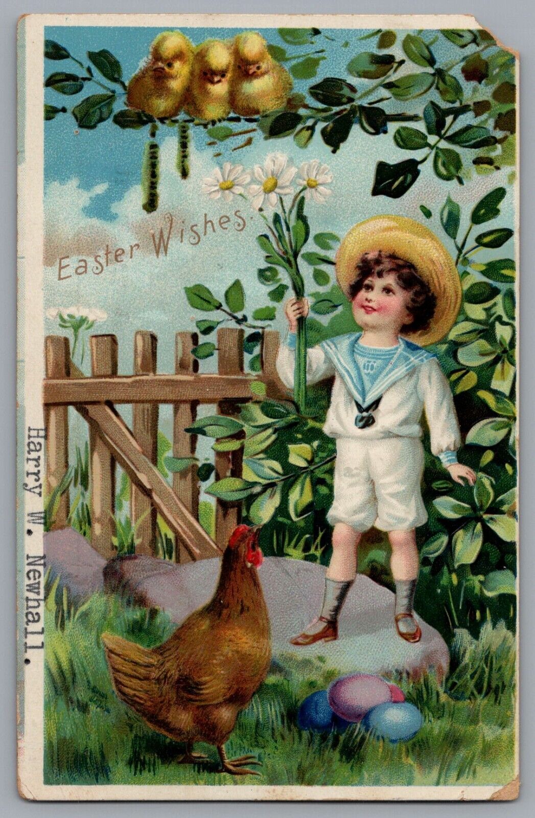 Postcard Easter Tucks Boy with Flowers Easter Wishes Embossed 1907 A265