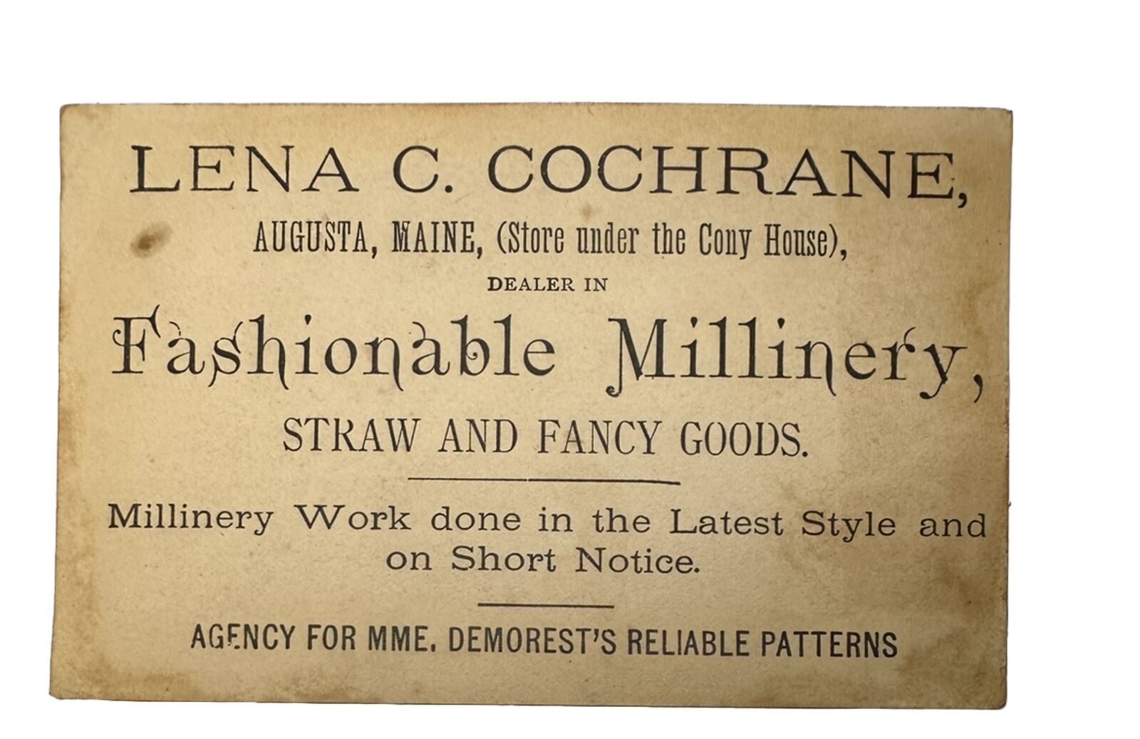 Victorian trade card Lena C Cochrane Millinery Mme Demorest’s Augusta ME B56