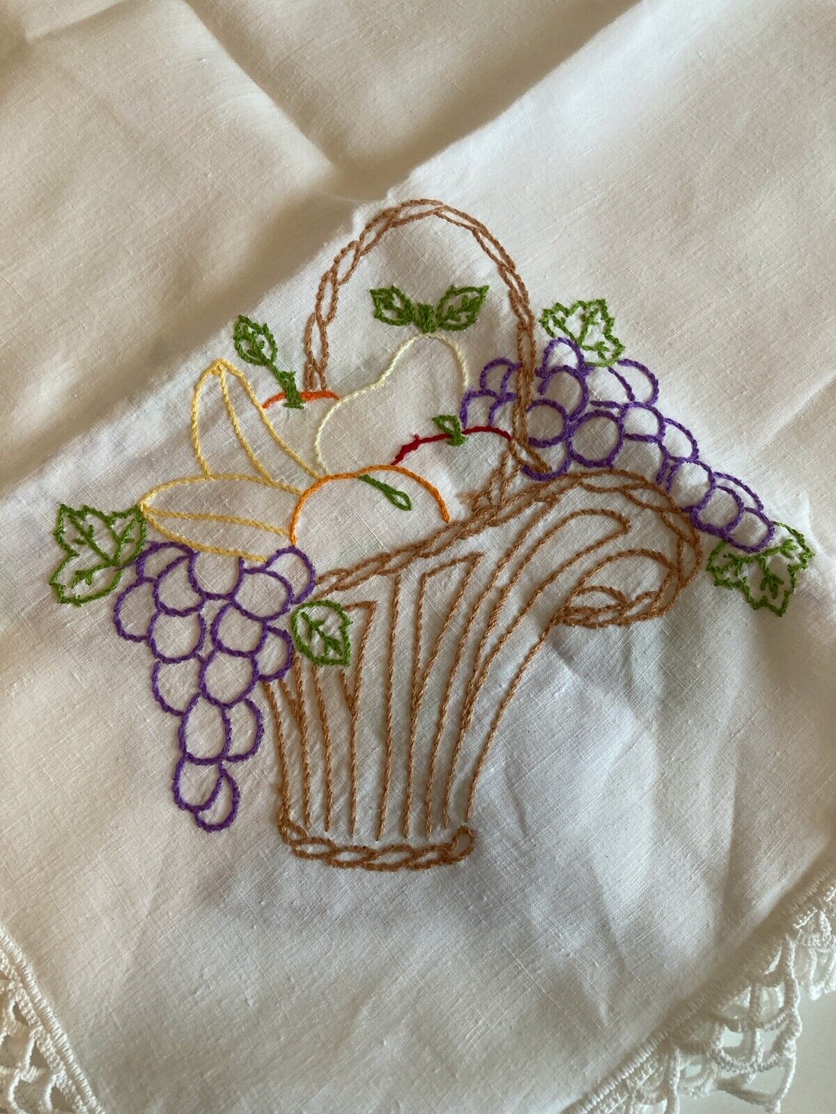 Embroidered fruit basket table cloth and three matching napkins