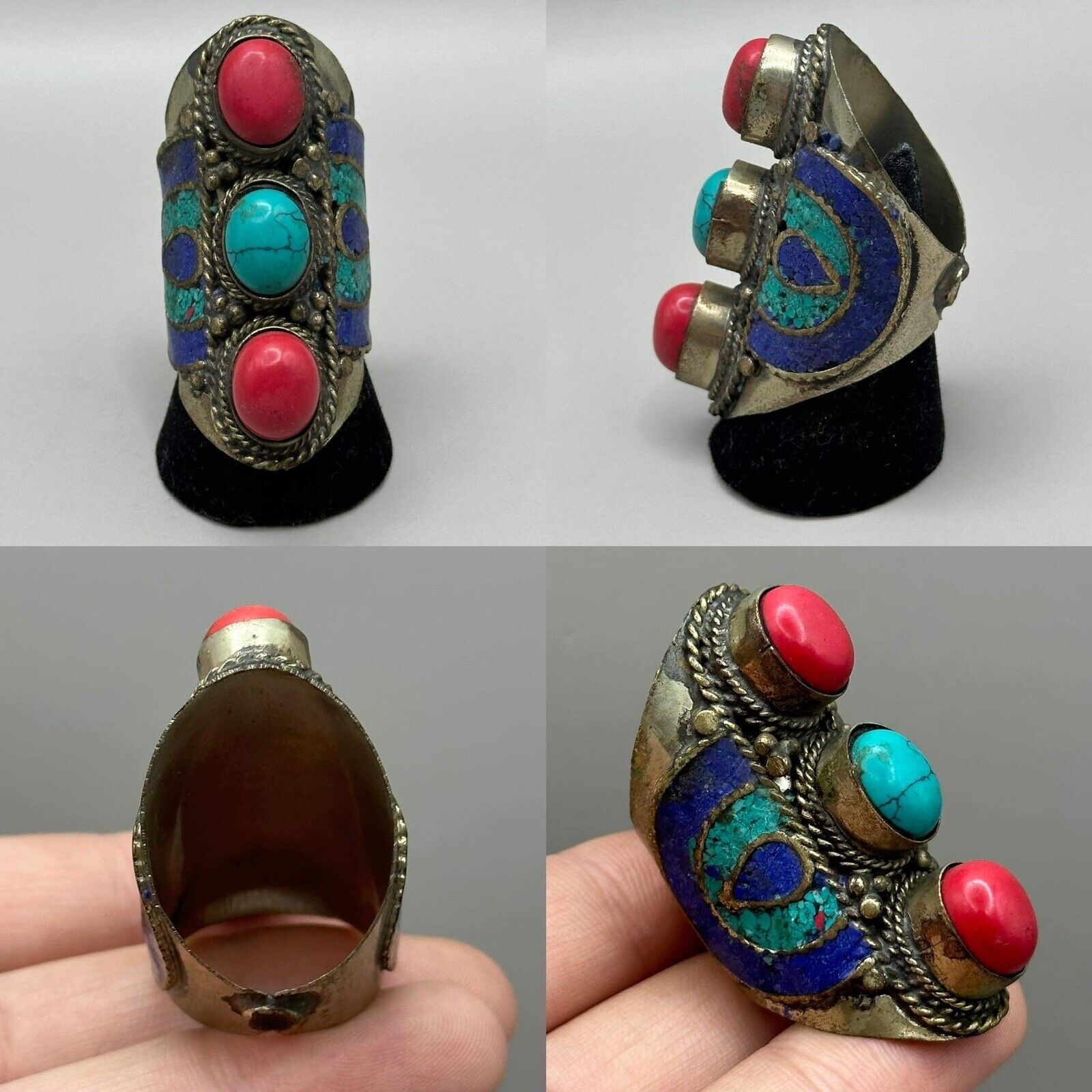 Very beautiful vintage Tibetan Nepalese brass ring with natural stones