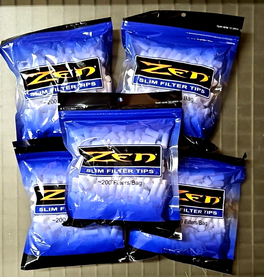 5 Bags ZEN Slim 200ct Filter Tips  -1000 Total Sealed (Resealable Bags)