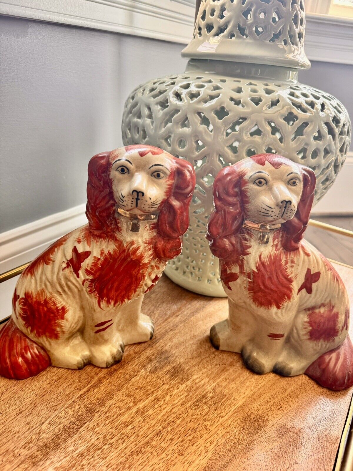 9”  Pair Ceramic Staffordshire Cavalier Spaniel Dogs Grand millennial