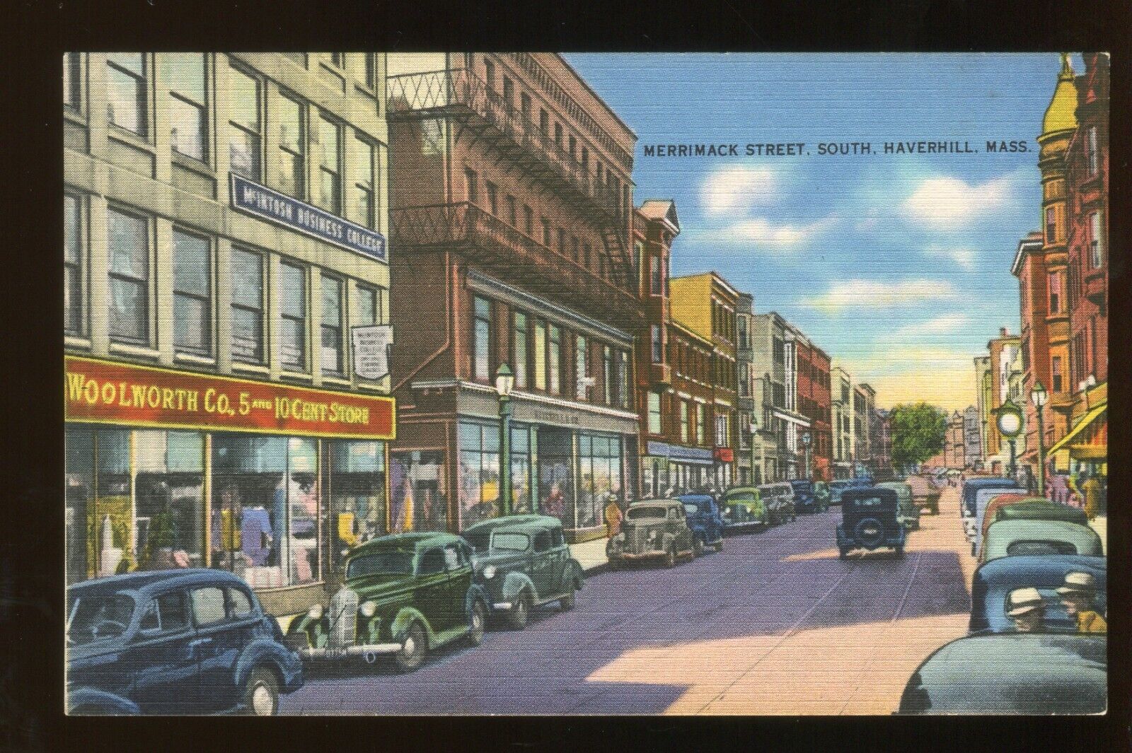Linen Postcard Haverhill,MA Merrimack Street,South Essex County Massachusetts