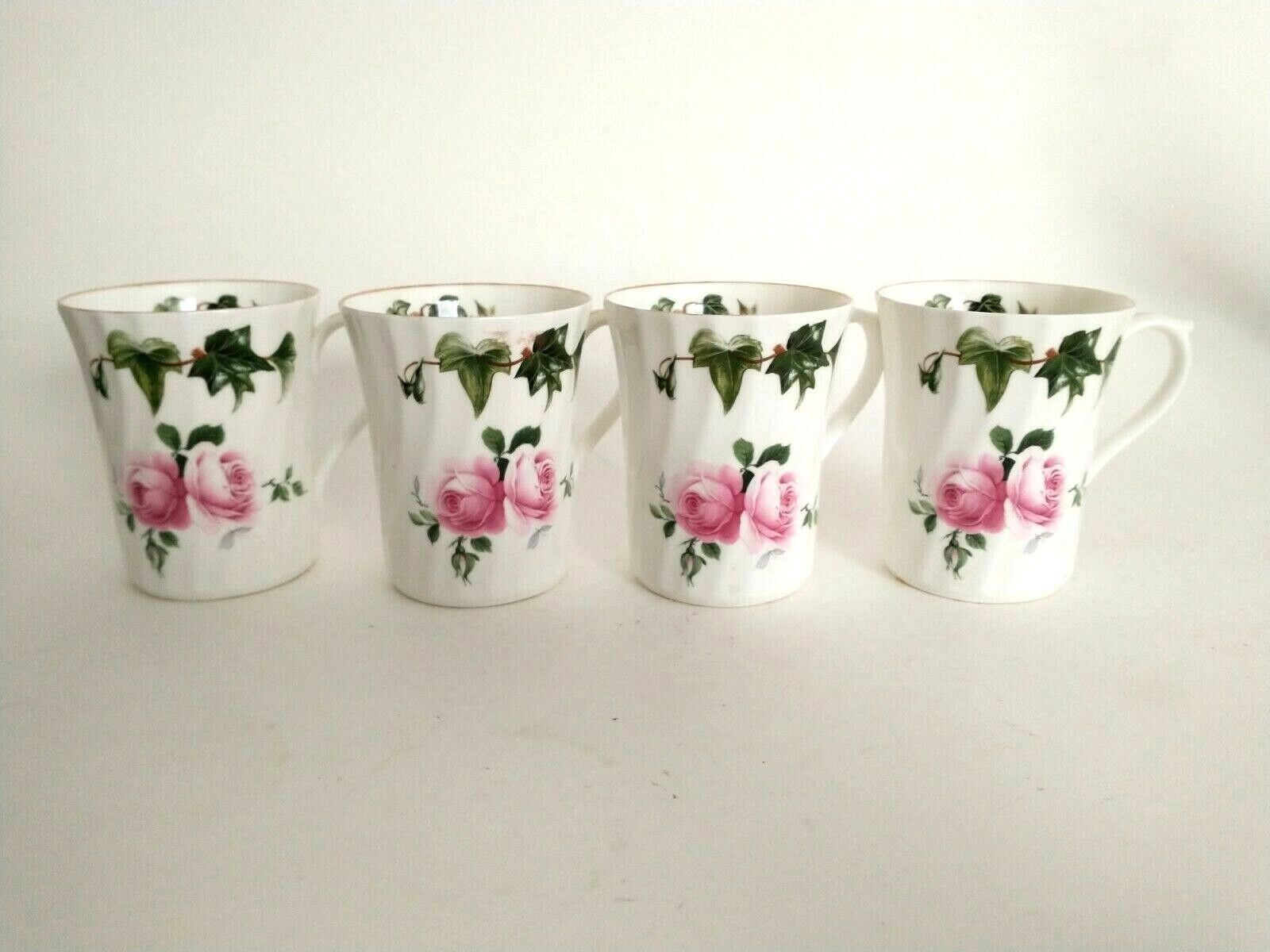 Regency English Bone China Set of 4 Mugs Pink Rose Ivy Leaf Design