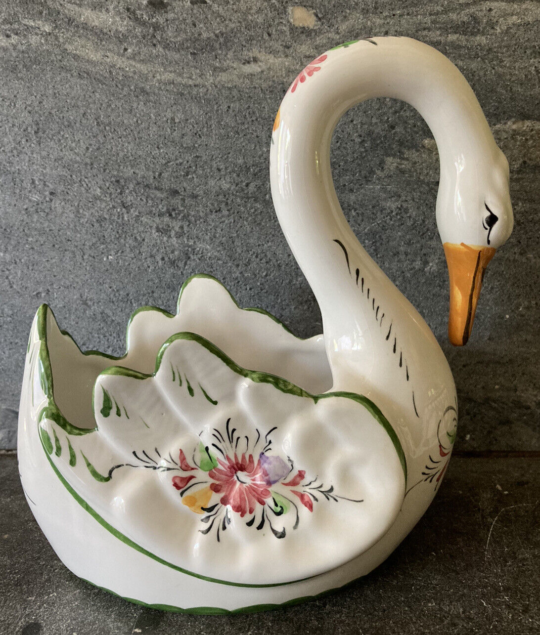 VTG Portugal Swan Bird Art Pottery Planter Hand Painted Floral Artist Signed