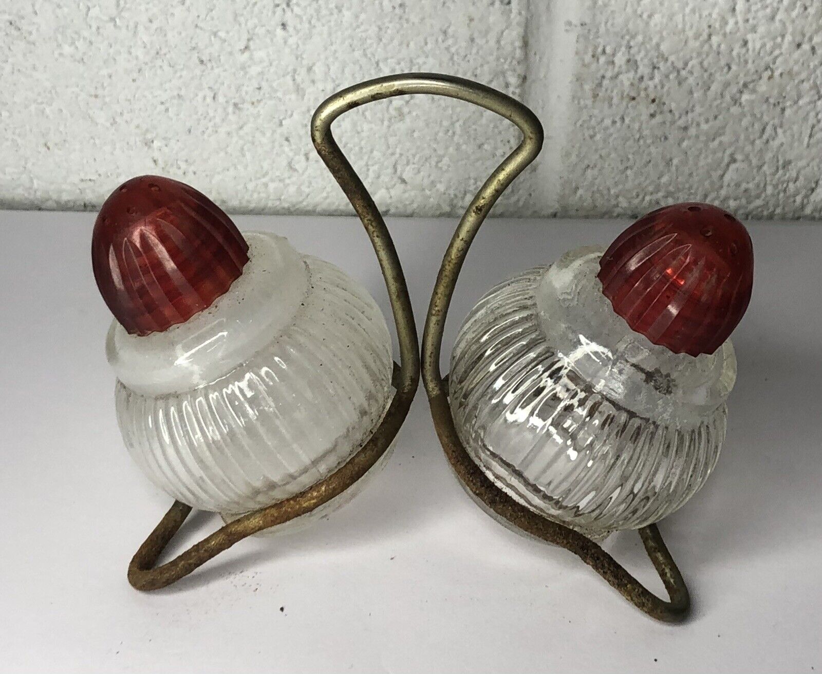 Vintage MCM Retro Art Deco Salt & Pepper Shakers Glass With Holder Red Lids