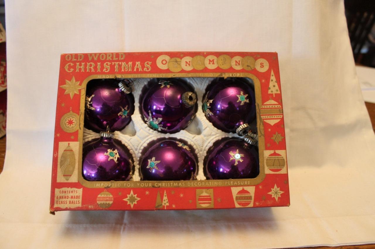 6 Vintage Old World Glass Christmas Ornaments in Box Purple with Sequins & Foil