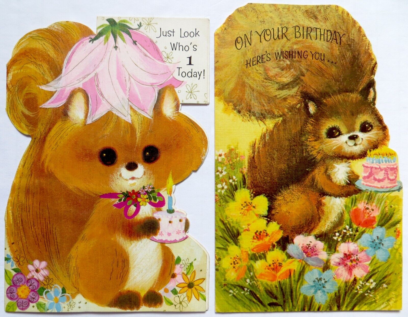 Vtg lot 2 Birthday Cards-CUTE SQUIRRELS WITH CAKE