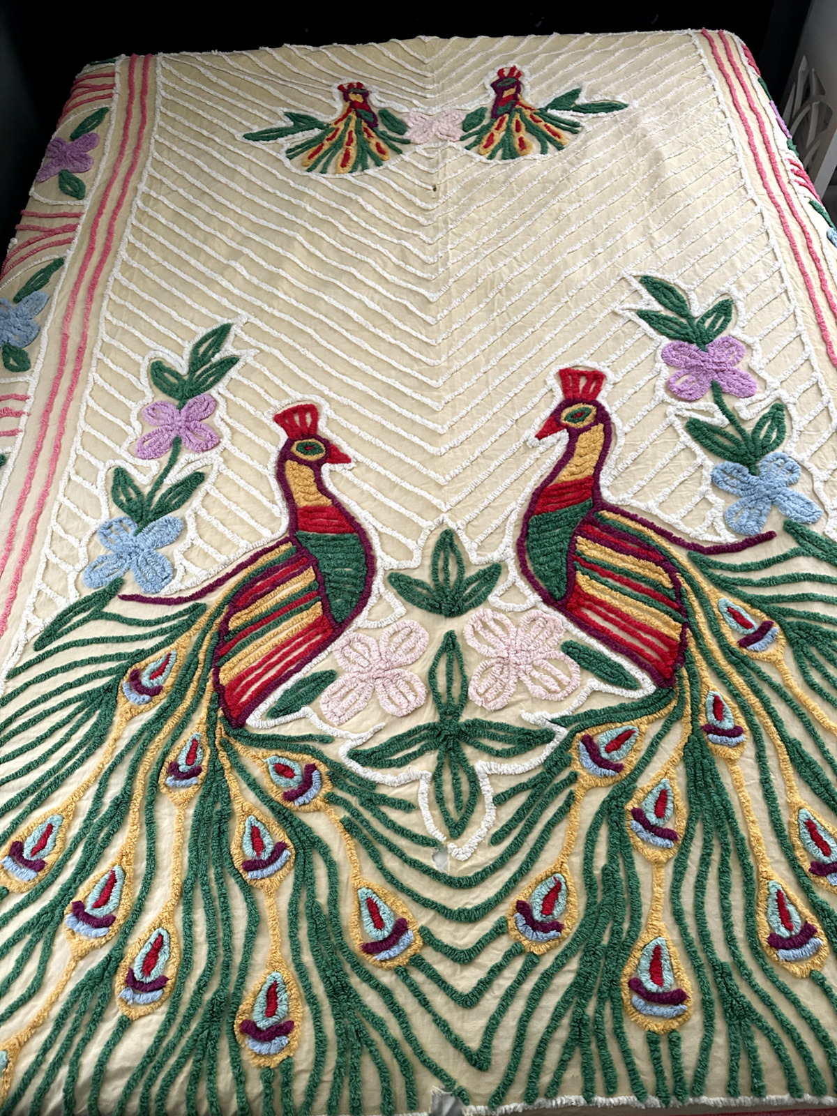 *Peacocks in the Courtyard* Vintage Chenille Bedspread 88\