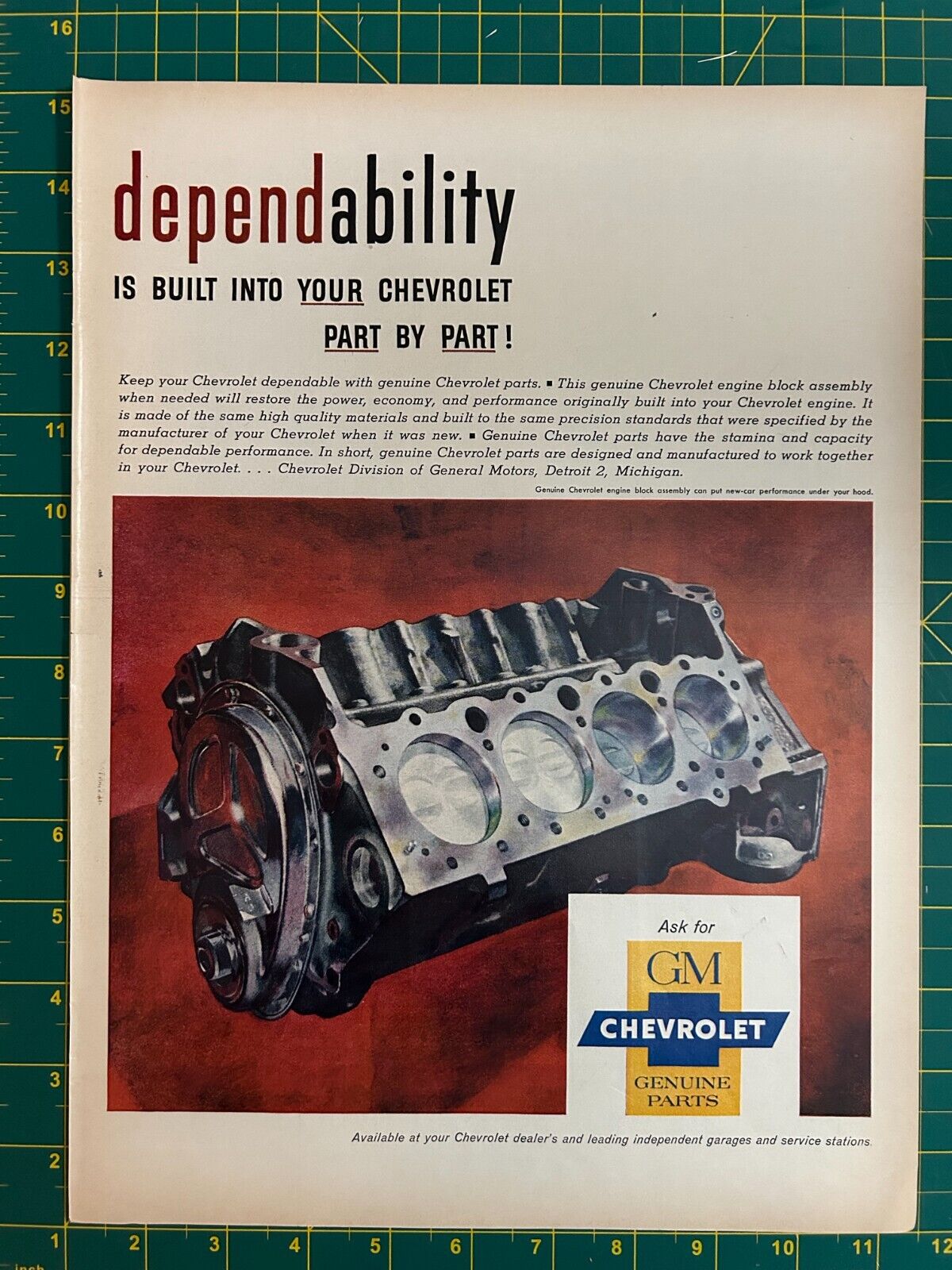 1959 Vintage GM Chevrolet Genuine Parts Engine Block Assembly Print Ad S1