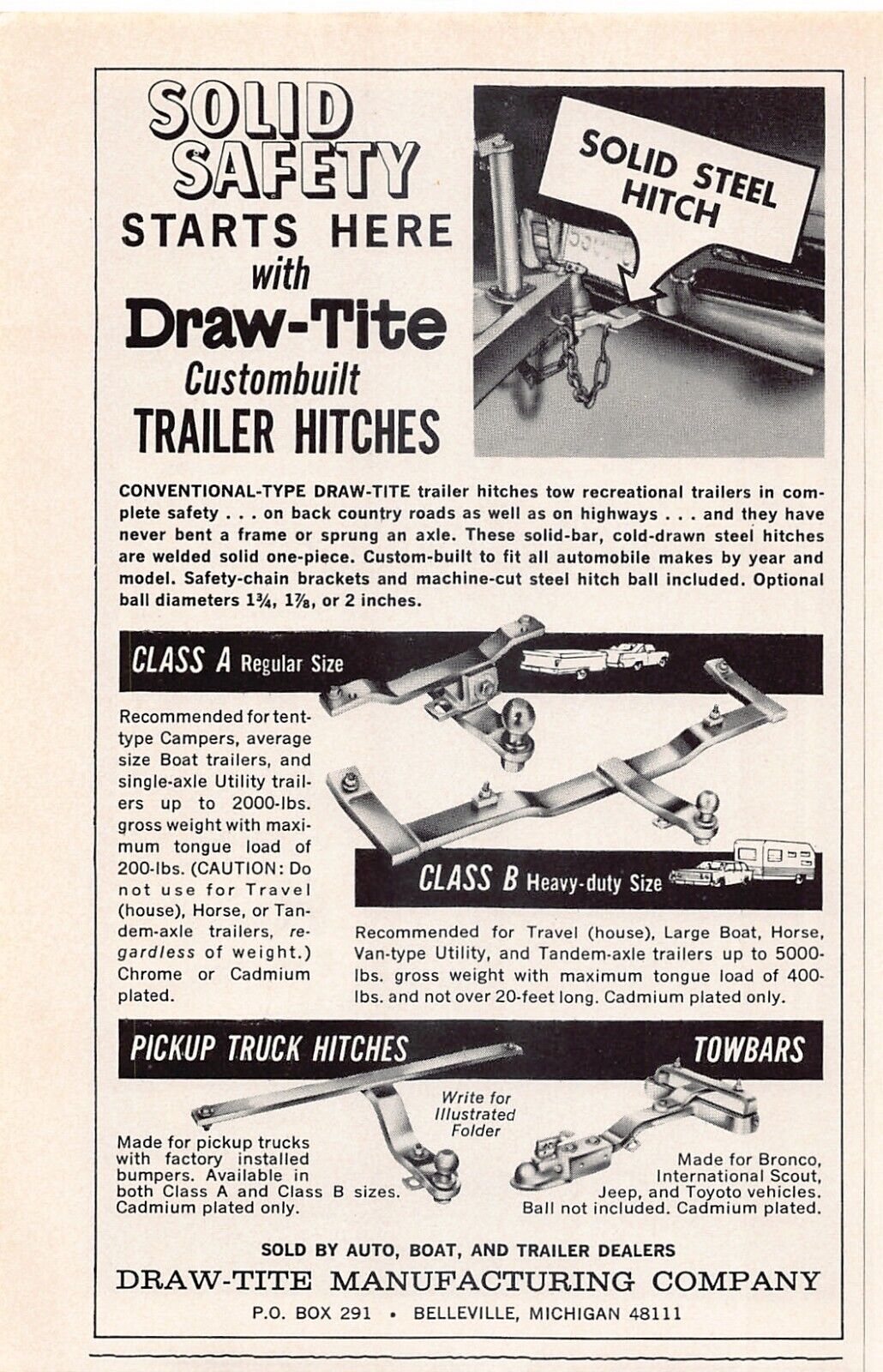 Draw-Tite Mfg Co Belleville Michigan Rochester Hills Vintage Magazine Print Ad
