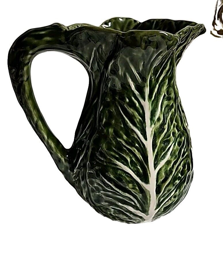 Olfaire Green Cabbage Leaf White Veined 8 1/4” Tall Pitcher Made in Portugal