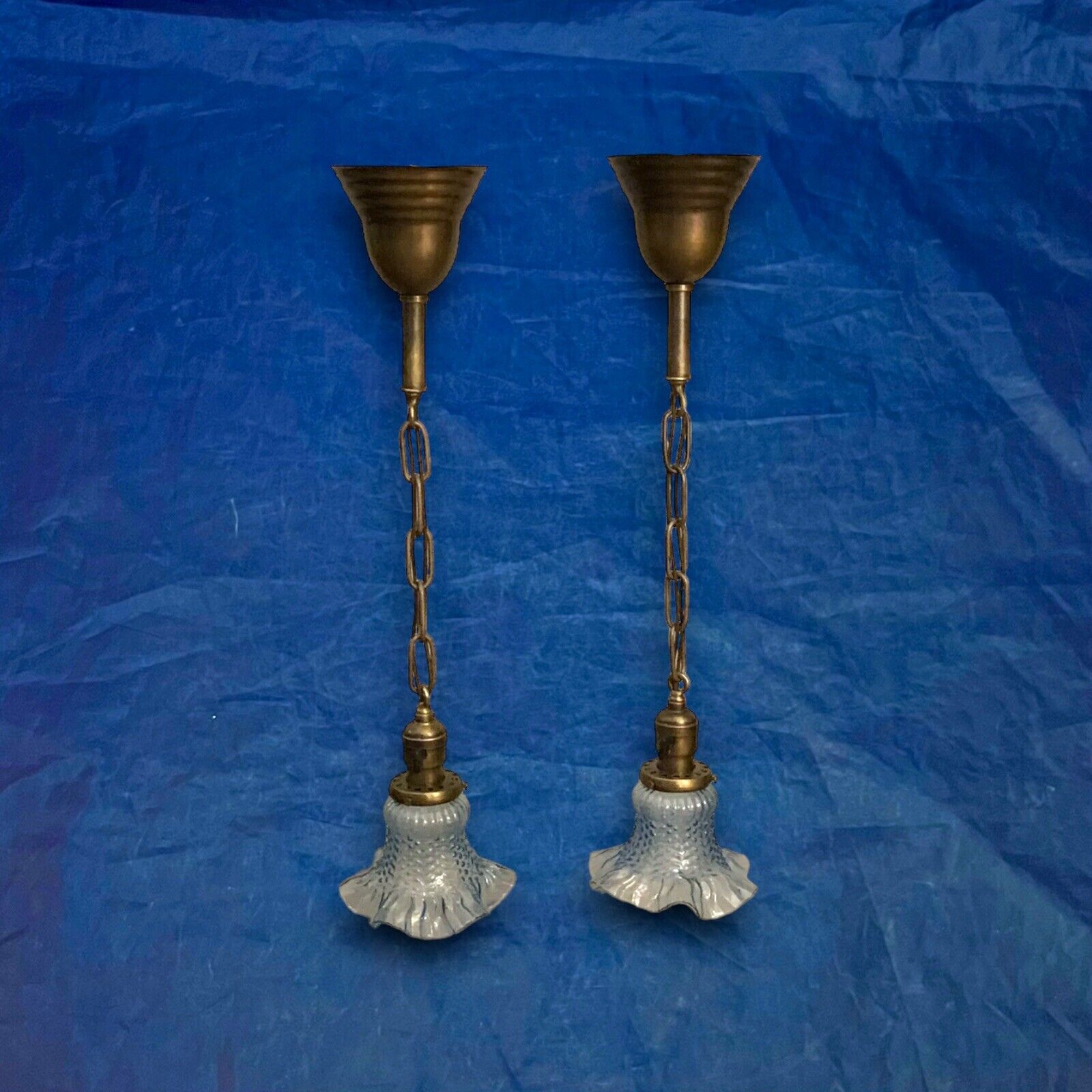 25” Long Pair Brass Pendant Lights Hubbell Sockets Rare Blue Shades 118F