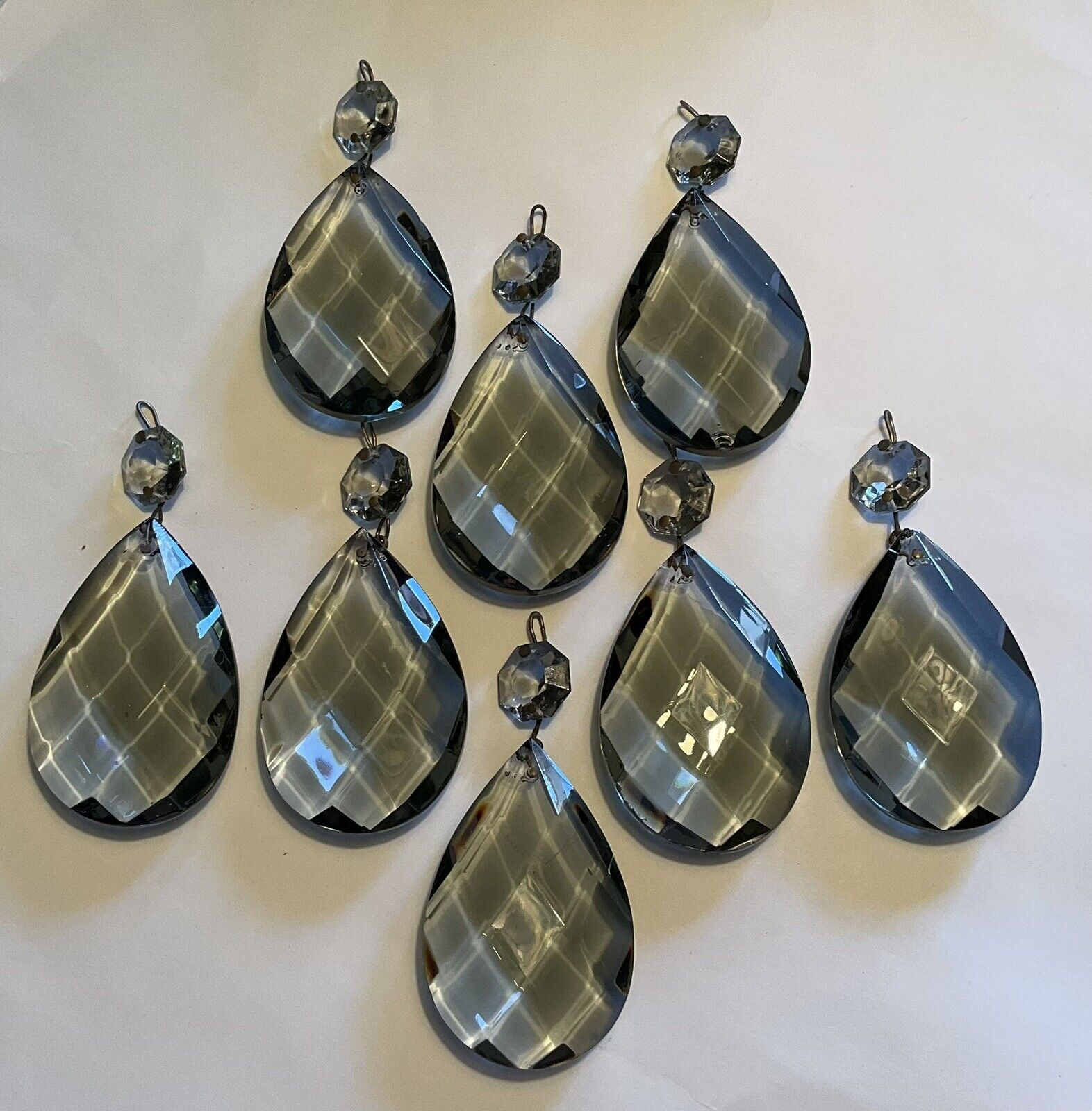 8 Large Vintage Smoky Grey ‘Tear Drop’ 2 1/2” Chandelier Crystals—V Good Cond.