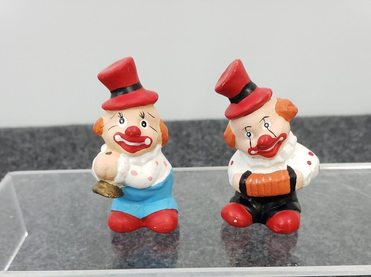 2 Ceramic Miniature Circus Clown Figurines handcrafted 2in vintage