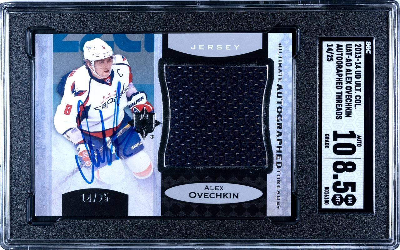 2013-14 ULTIMATE COLLECTION ALEX OVECHKIN JUMBO RELIC AUTO #D 14/25 SGC 8.5/10