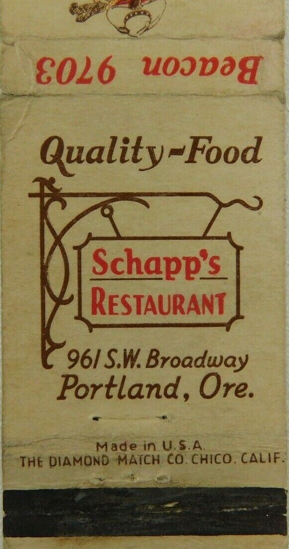 Quality - Food Schapp\'s Restaurant Portland Oregon Vintage Matchbook Cover